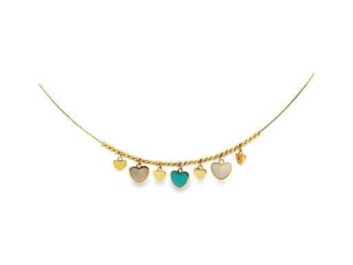 18K Yellow Gold Necklace with Heart Charms and Enamel Accents